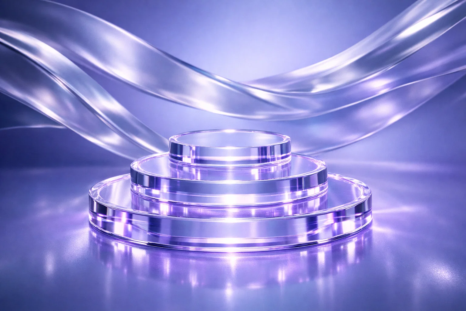 A tiered,crystal-clear stand that emits a soft purple