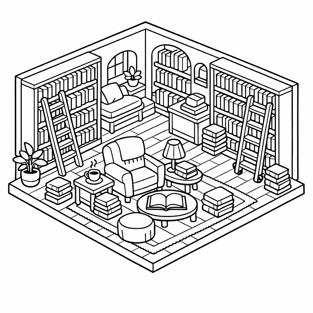 Create a black-and-white isometric coloring book