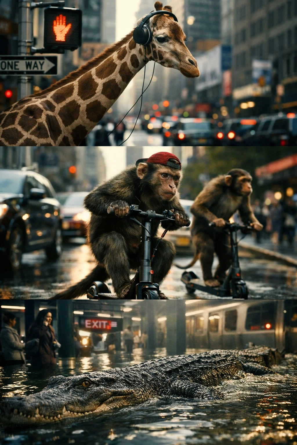 A hyper-realistic cinematic video of wild animals casually