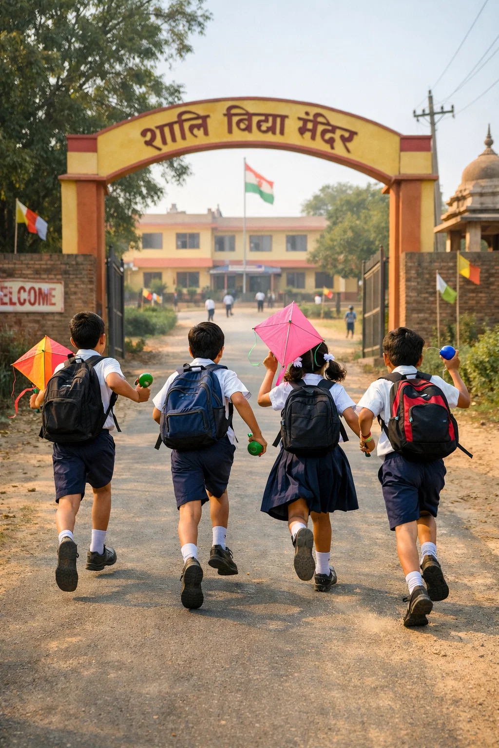 Show a road leading to an indian school and 3-4 kids are