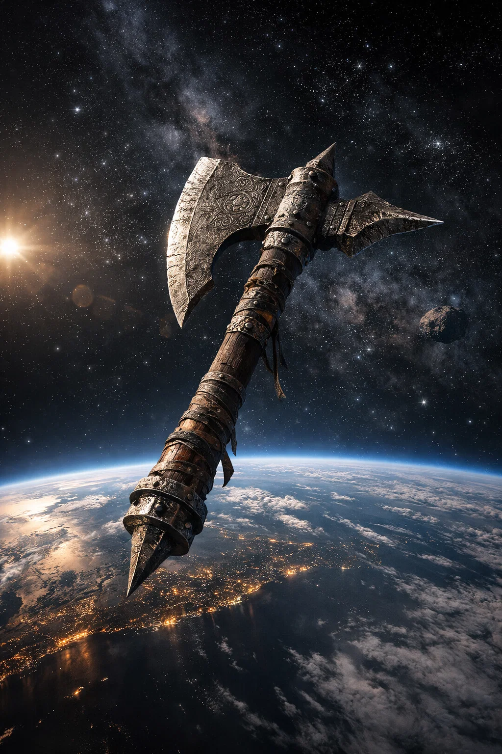 An ancient medieval axe floating in space above Earth, 100