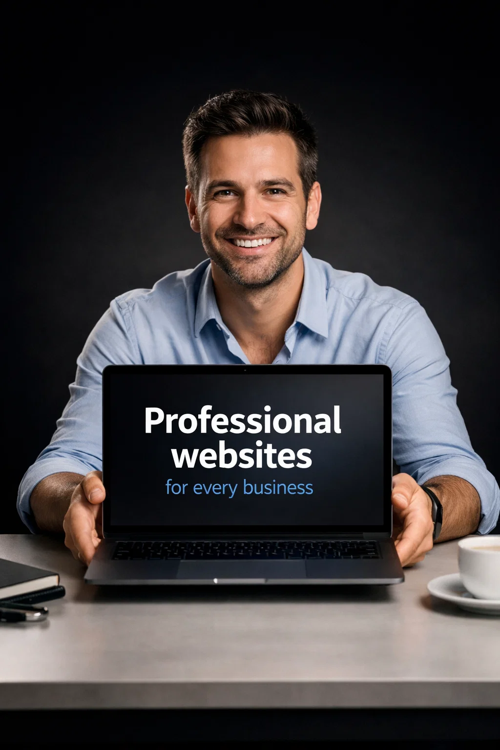 A smiling man sitting at a clean desk, holding his laptop