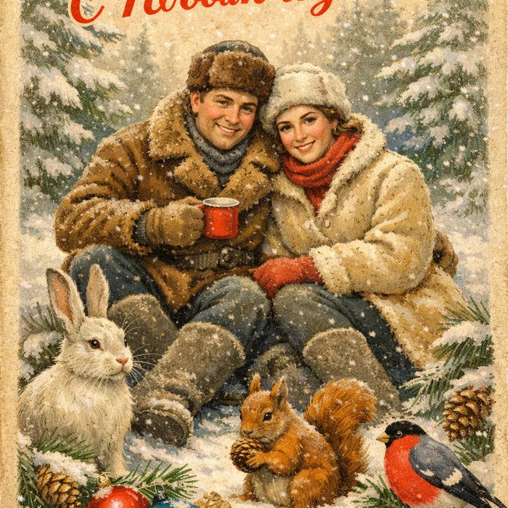 Realistic New Year greeting card in the style of Soviet
