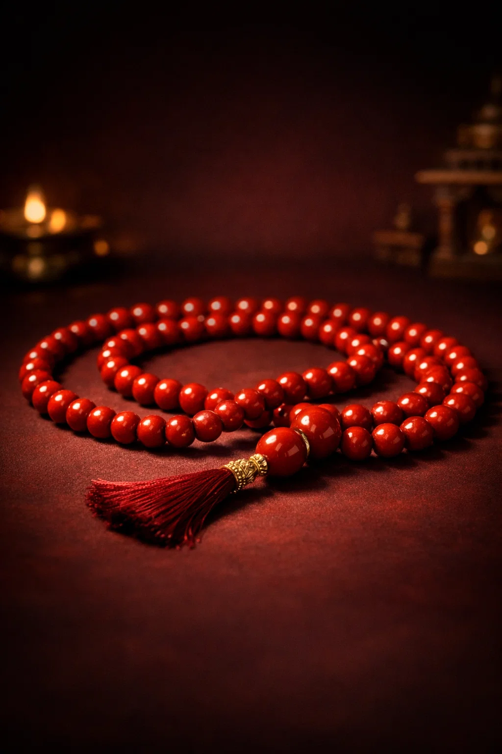 A premium, luxury spiritual product photograph of a Red