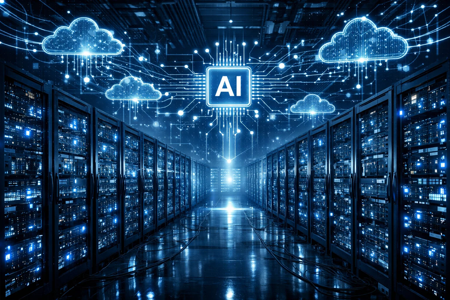 A massive AI data center filled with glowing server racks
