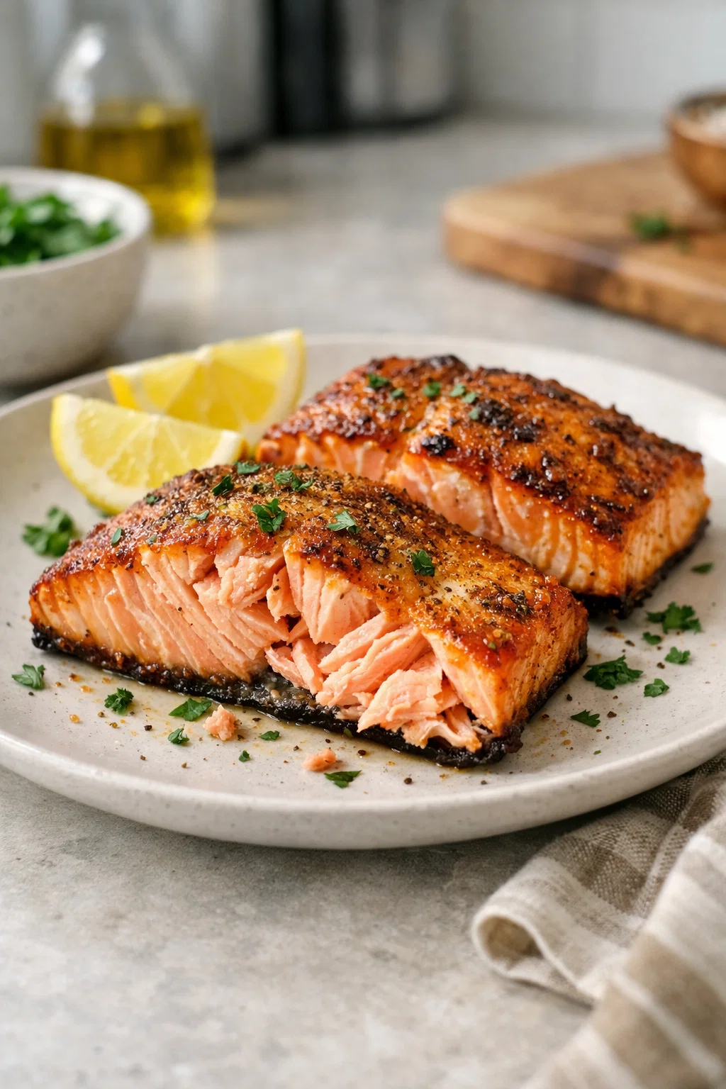 Crispy air fryer salmon with lightly browned edges, flaky