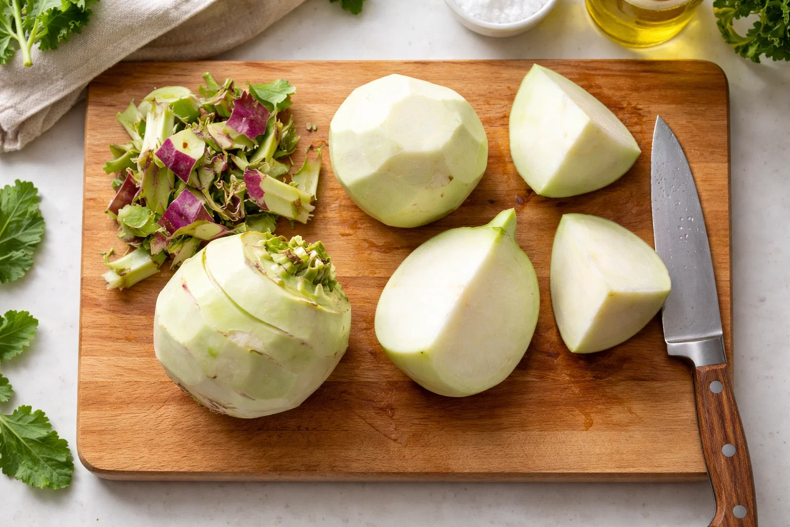 Cut kohlrabi on a kitchen cutting board, thick peel