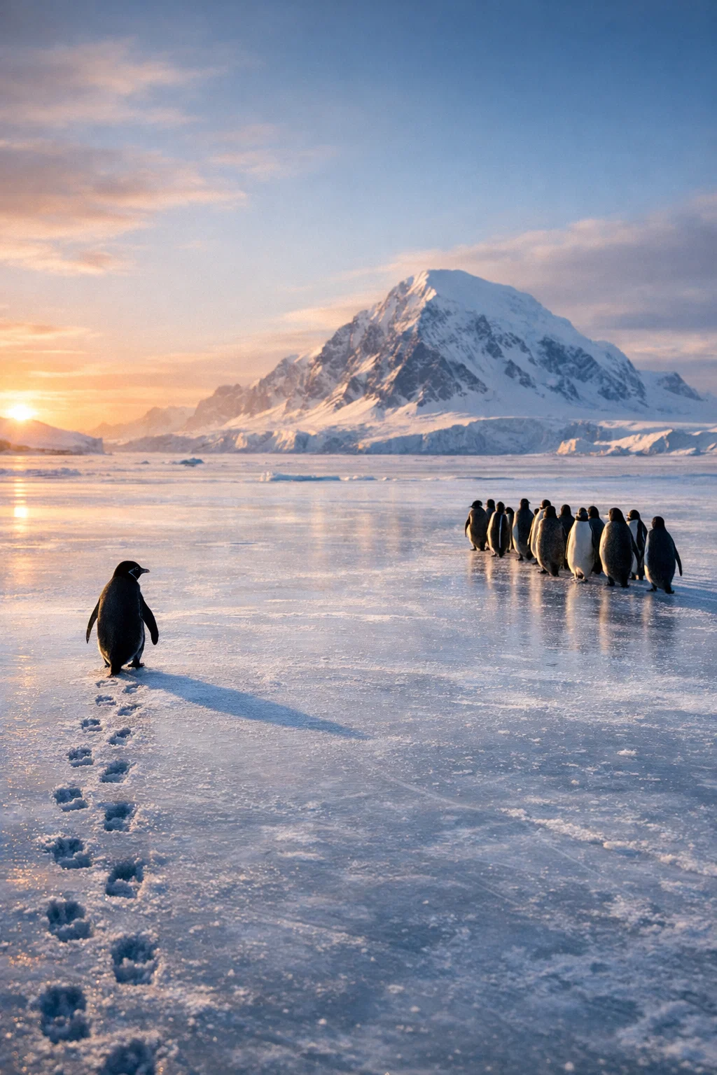 A vast icy Antarctic landscape at dawn, cinematic wide shot