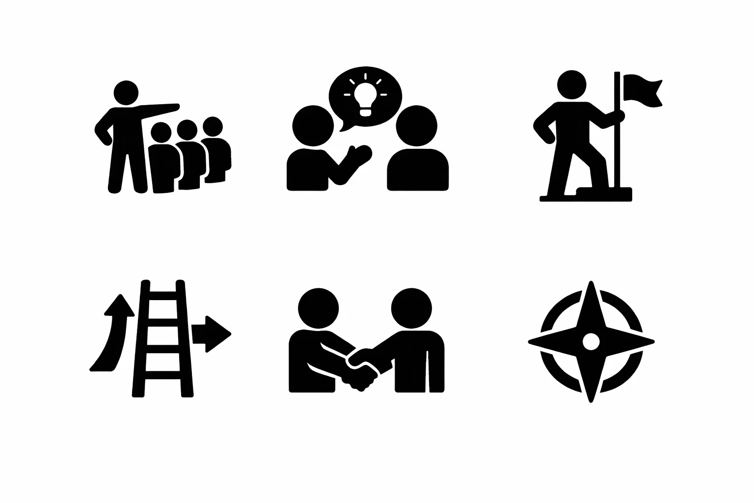 Solid black icon set, team activities theme: leadership and