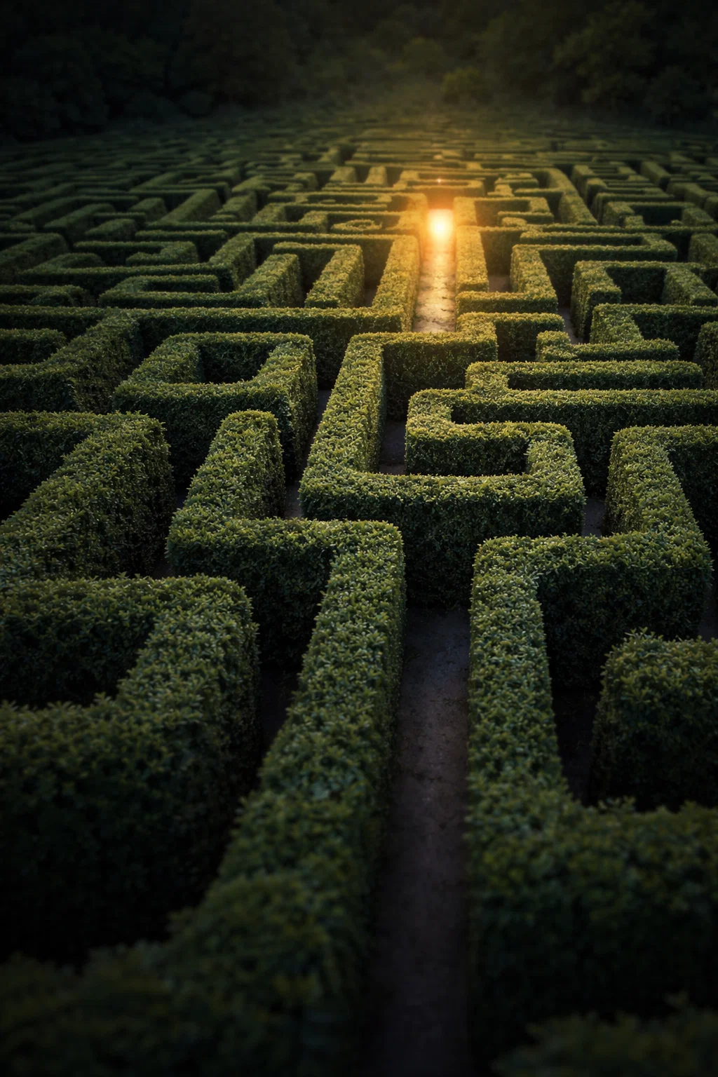 A top-down aerial view of a large maze made of tall hedges