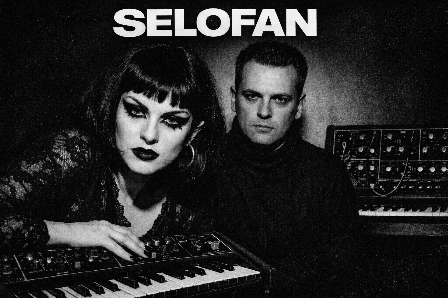 High-contrast black-and-white portrait of a Greek darkwave