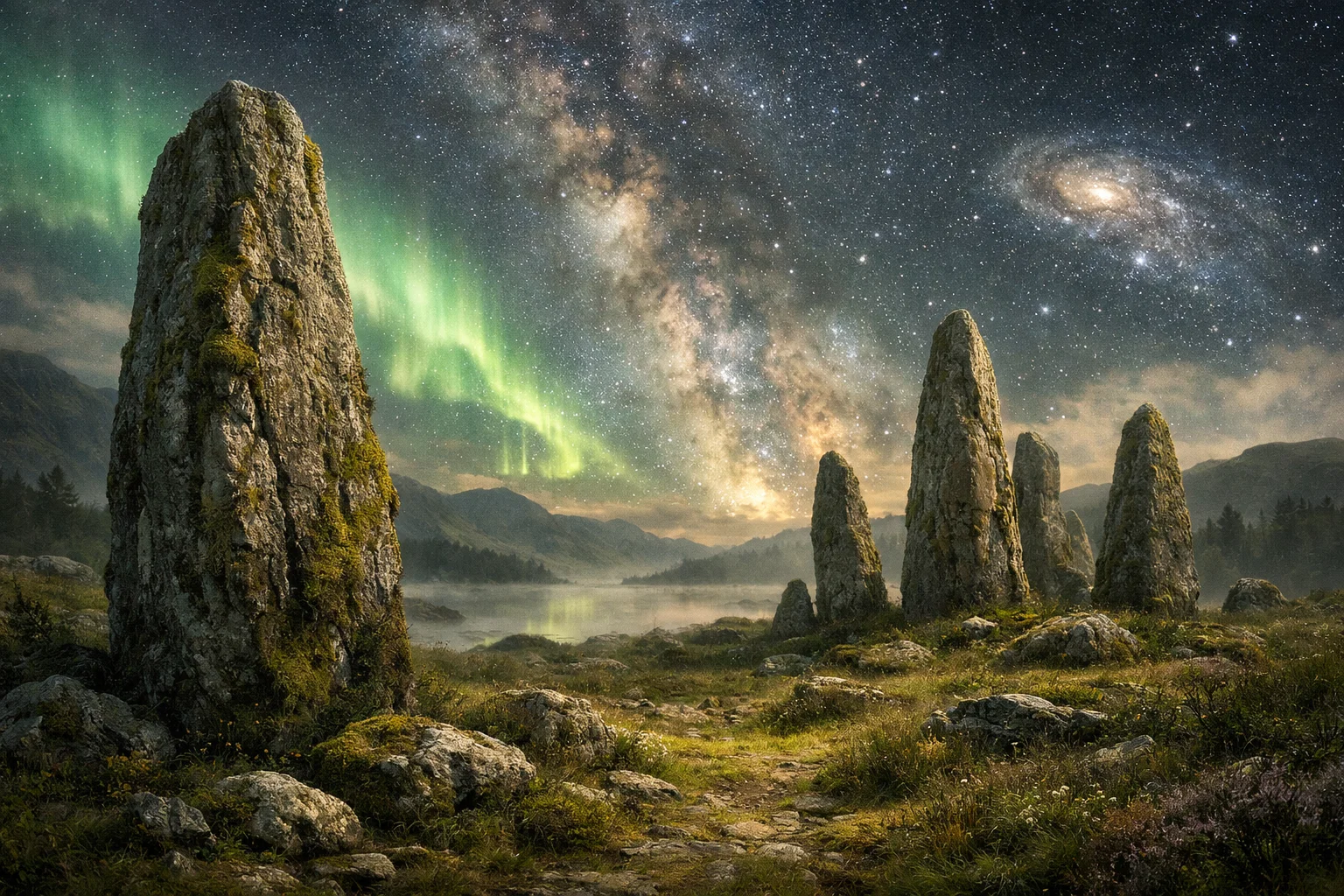 A serene landscape where ancient, moss-covered monoliths