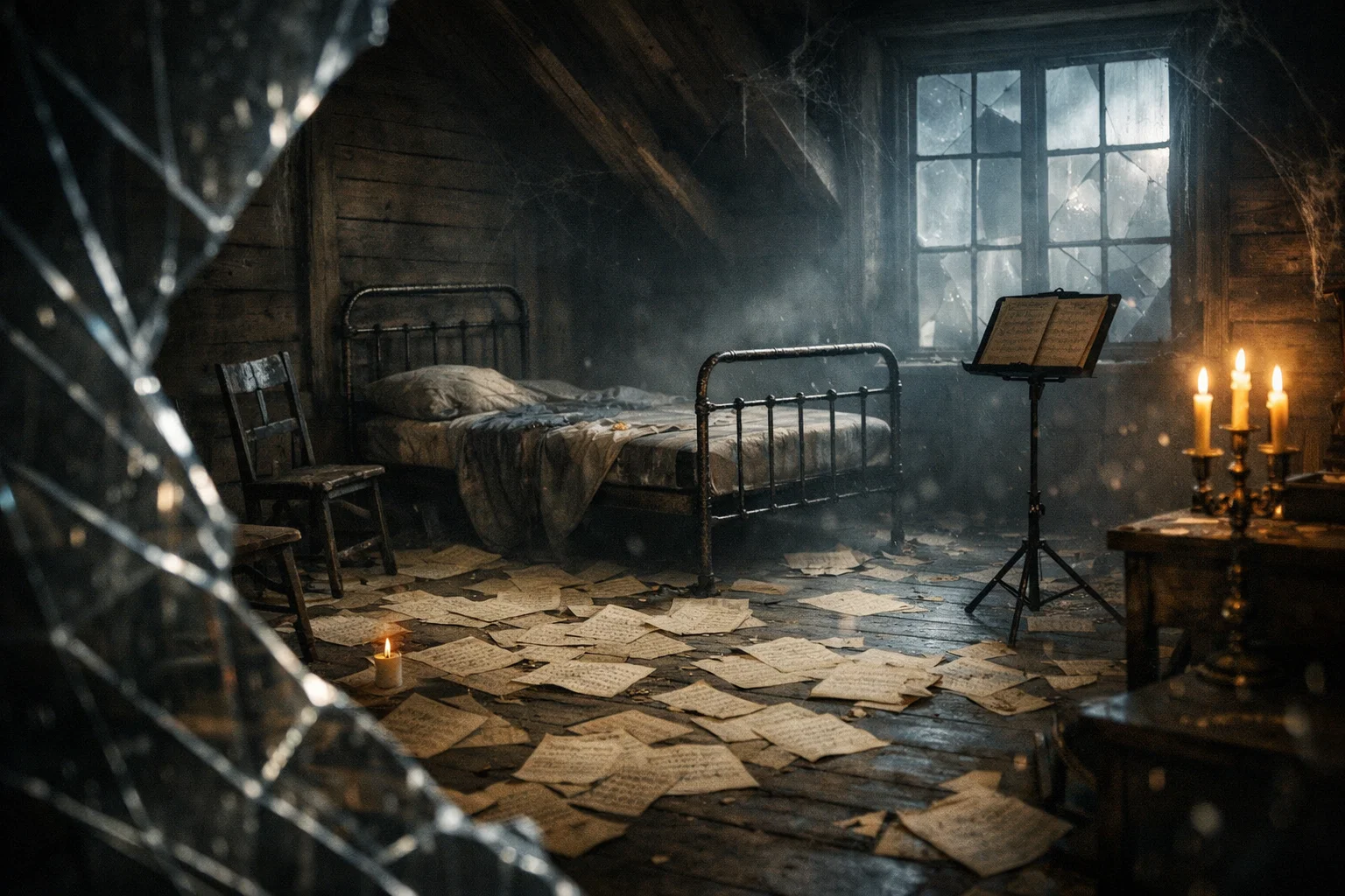 Abandoned attic room with raw wooden walls, spider webs in