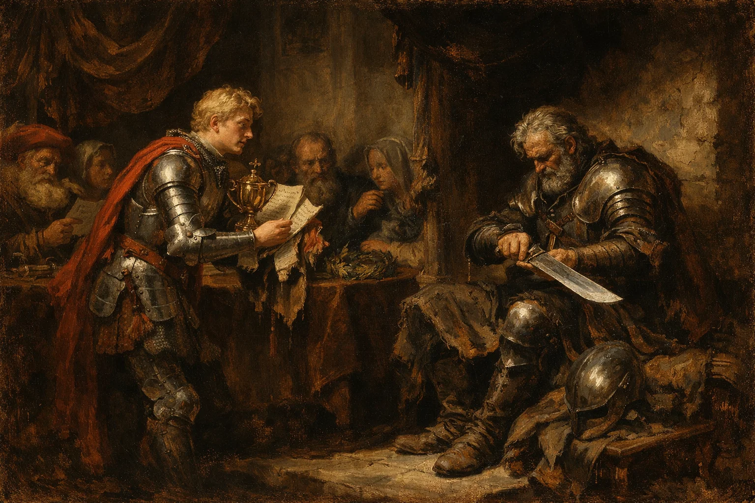 A young knight presents trophies, letters of praise, battle