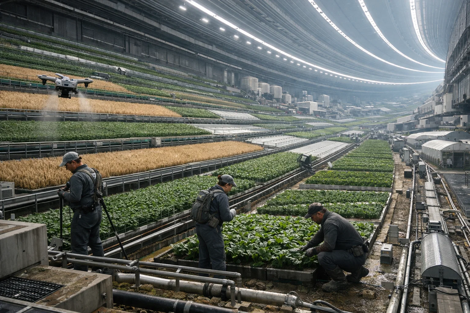 Vue intérieure réaliste d’une vaste zone agricole intégrée