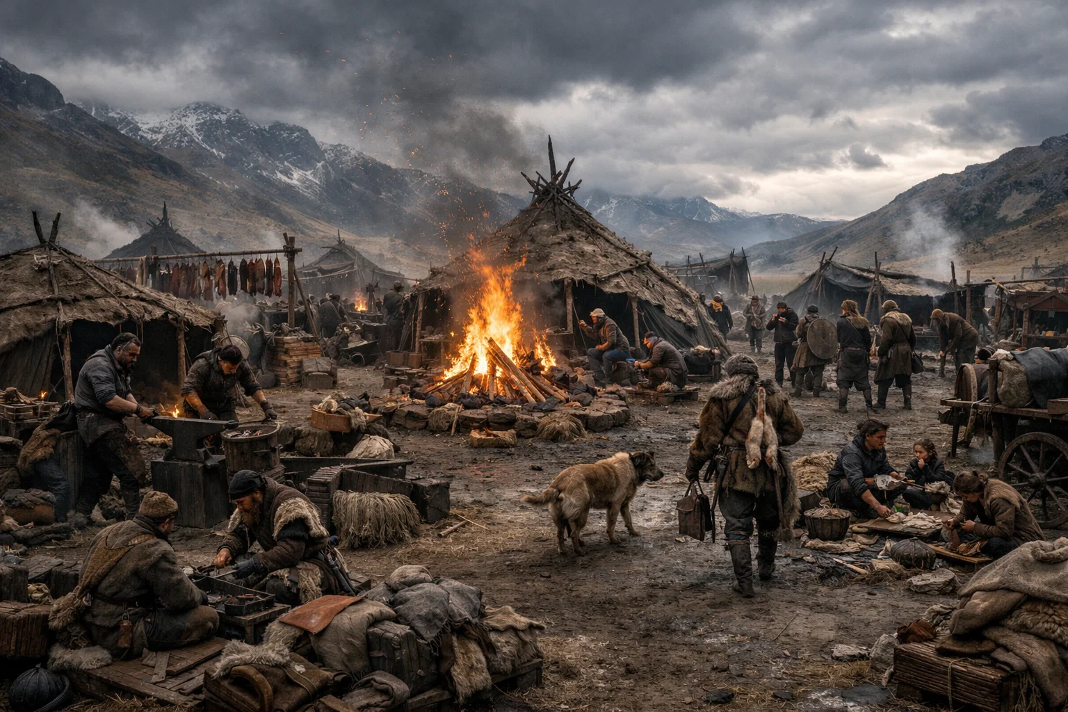 Campement tribal de peuples barbares installé dans un