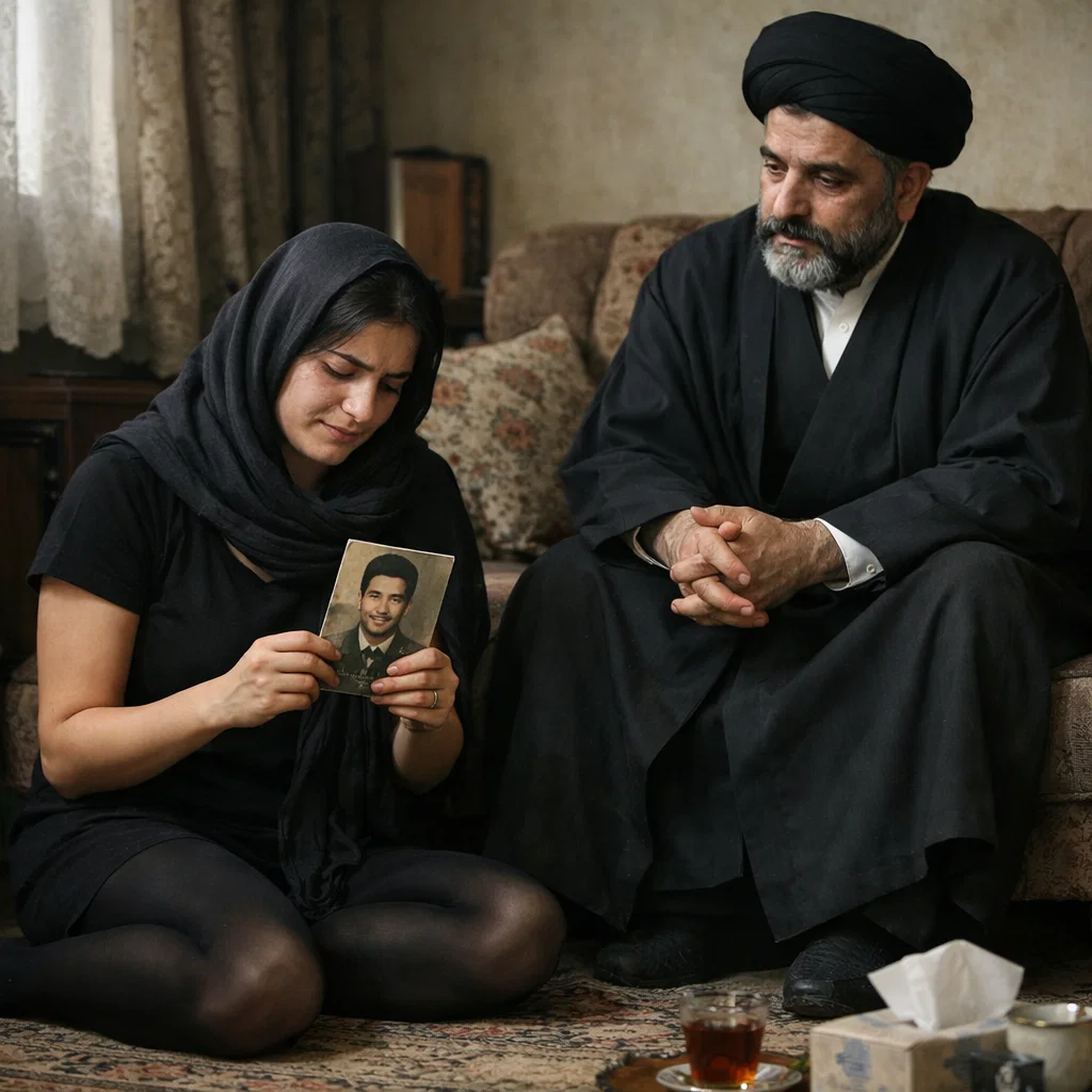 Photorealistic full‑body scene inside a modest Iranian