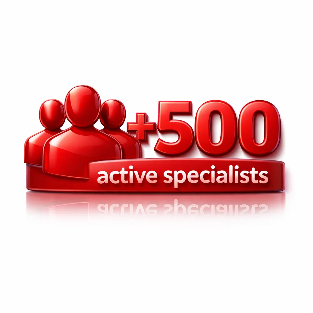 A 3D icon, vibrant red color, with the text "+500 active