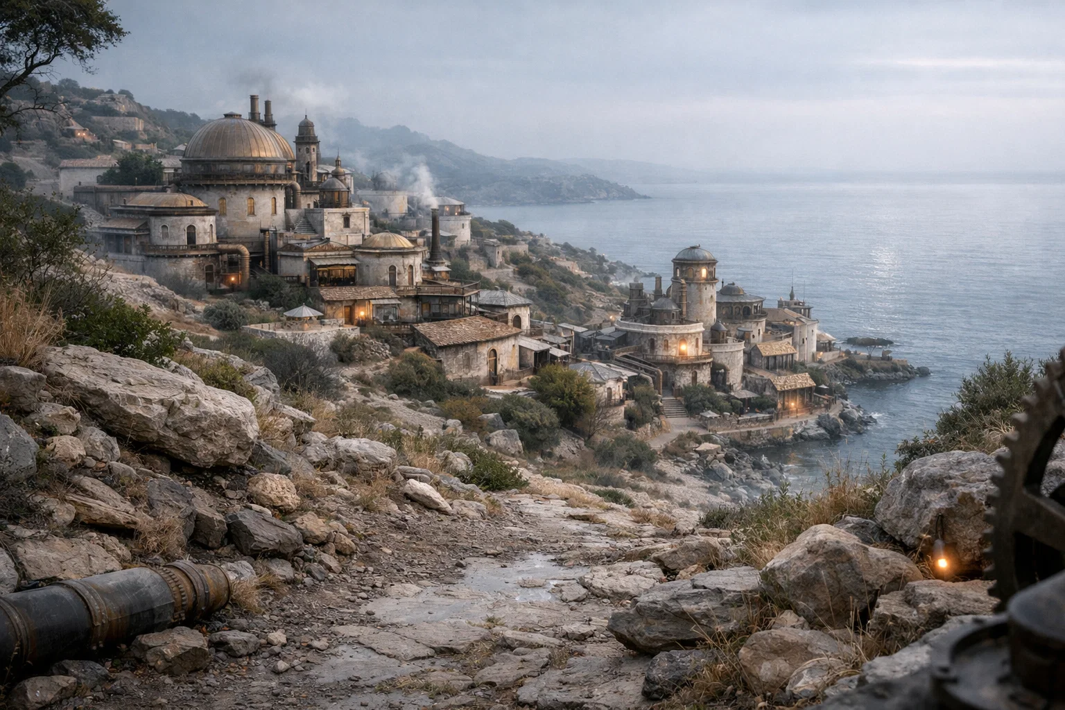 A semi-arid coastal steampunk settlement viewed from a near