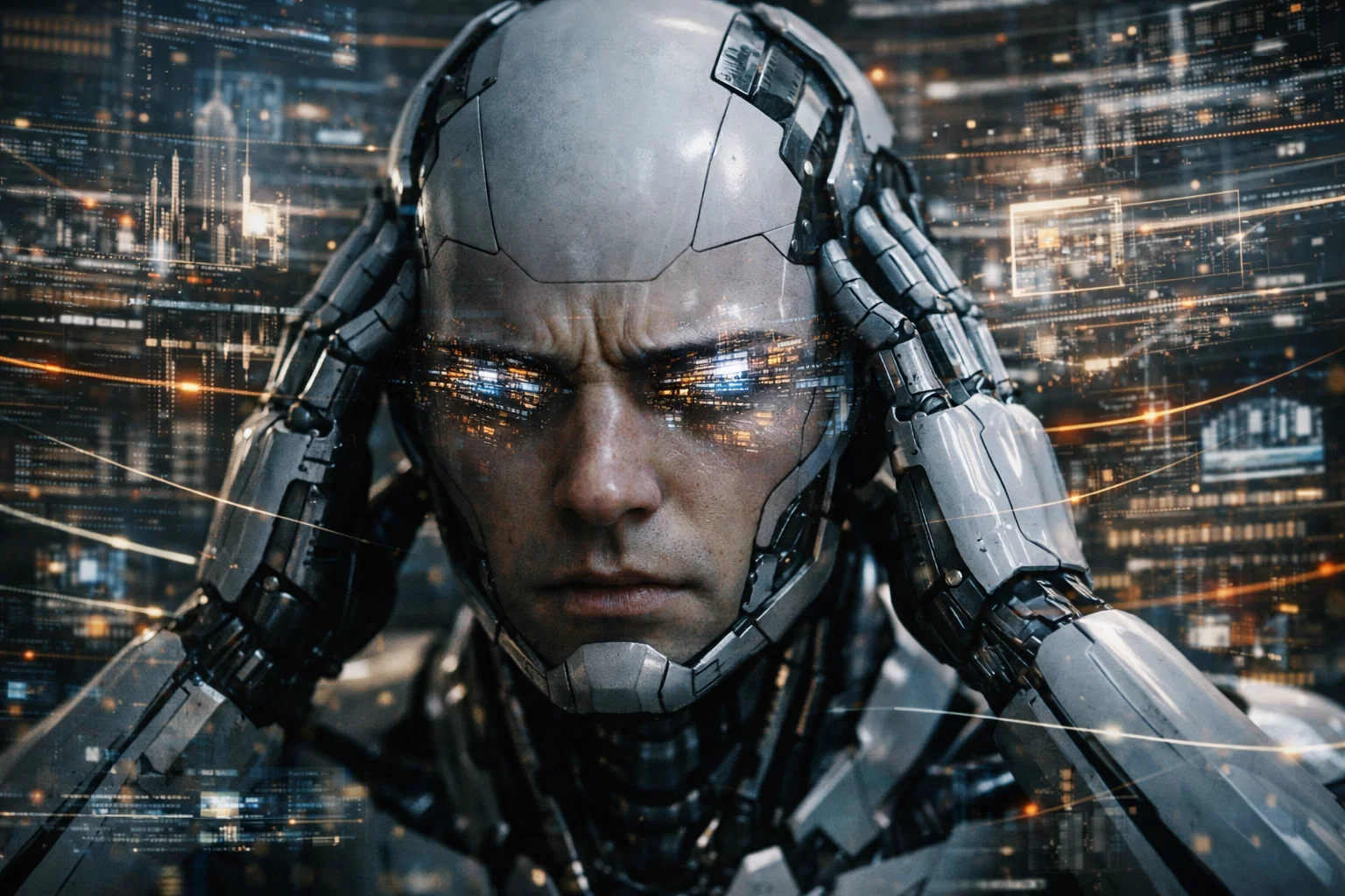 Ultra-realistic cinematic close-up of a humanoid android in