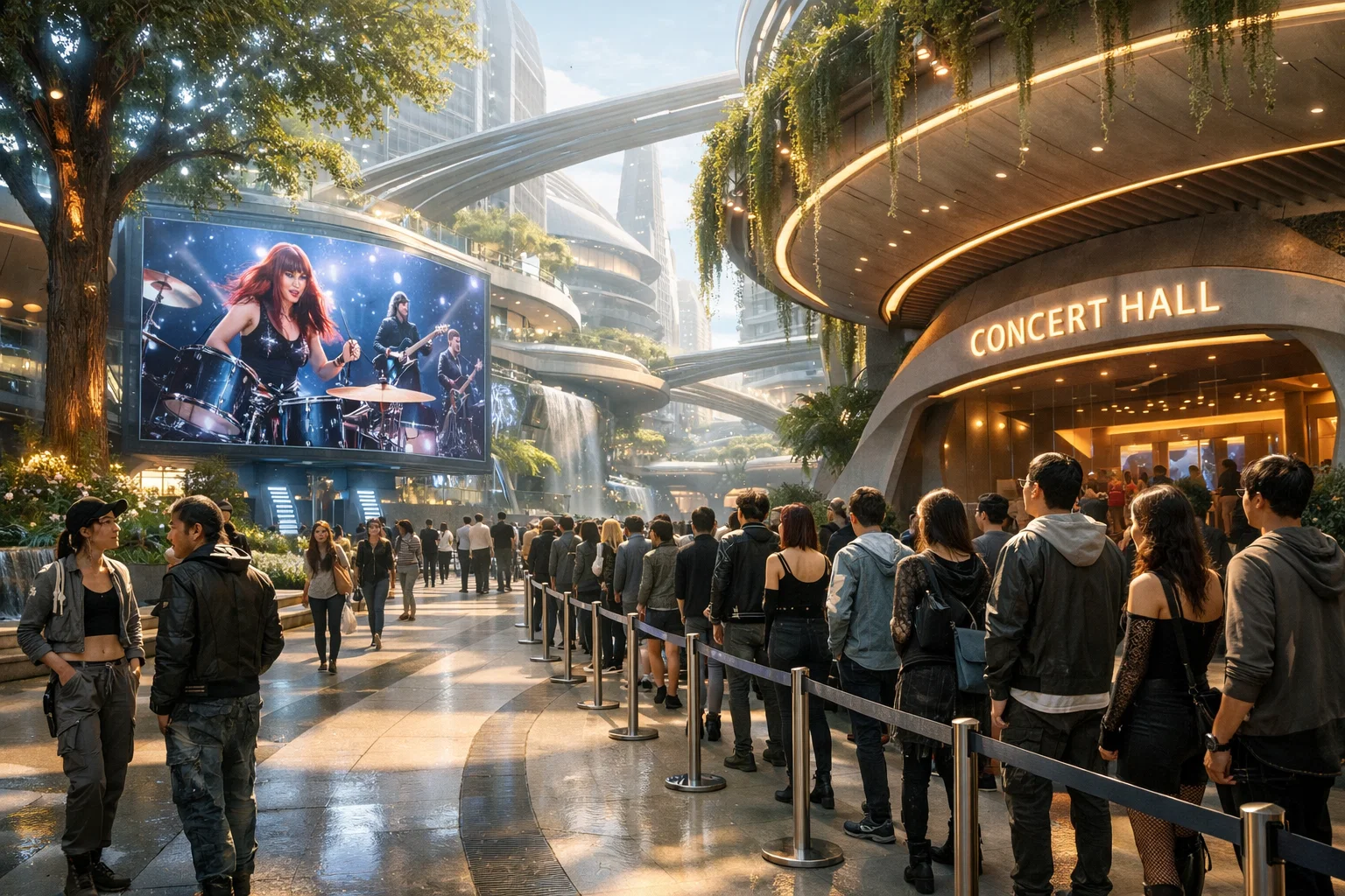 Grande avenue futuriste ouverte et végétalisée dans une