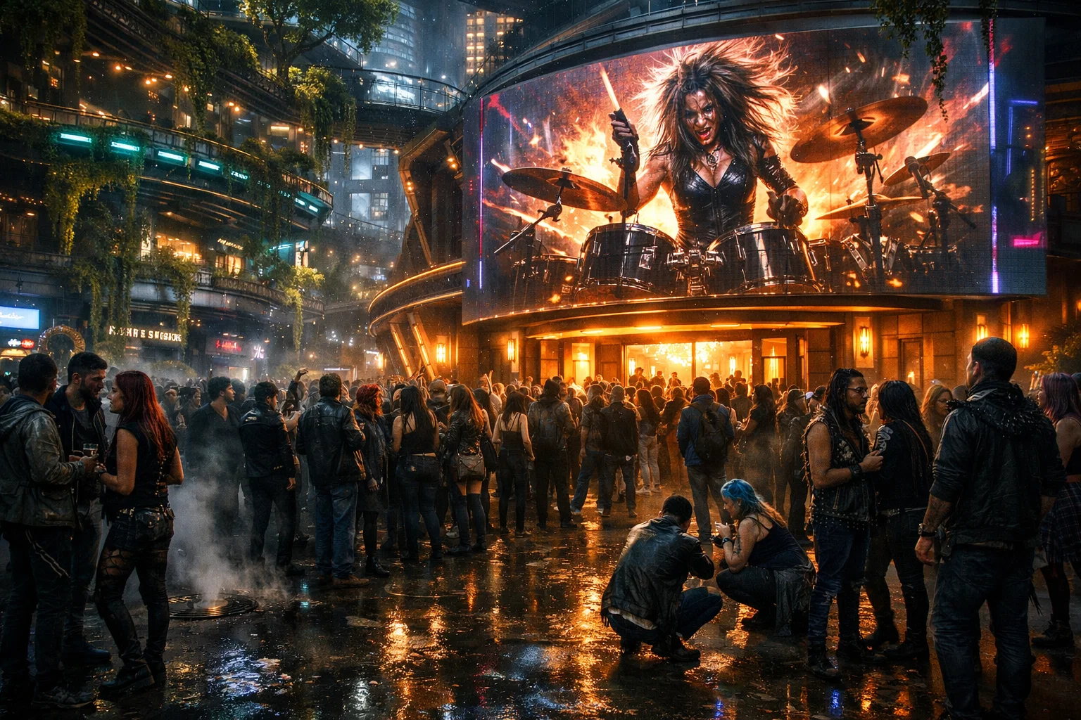 Scène nocturne dans une rue futuriste végétalisée d’une