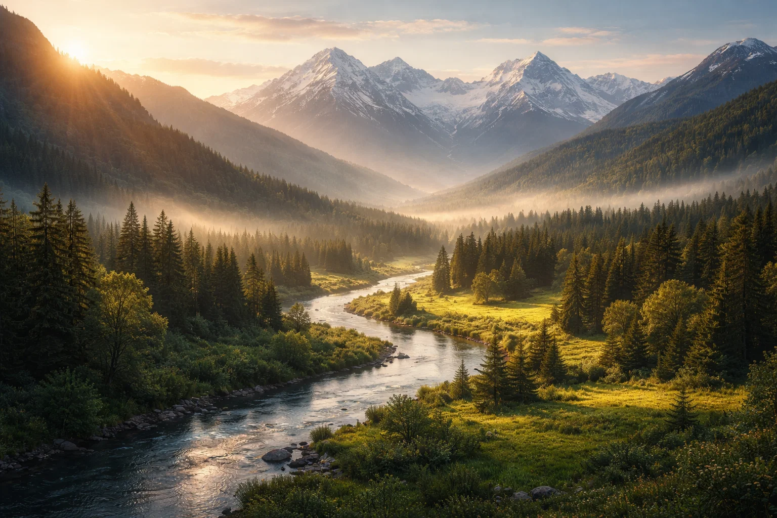 Ultra realistic serene nature landscape wallpaper, wide