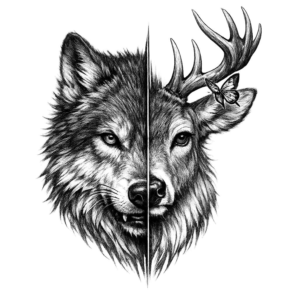 Black and grey tattoo design, symmetrical composition: left