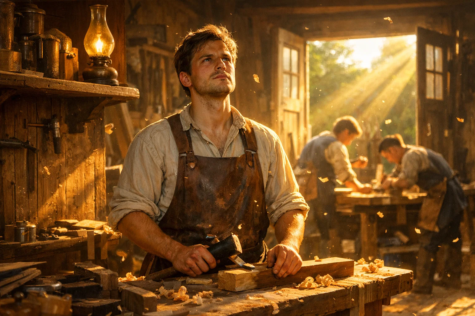 A warm 19th century craftsman's workshop flooded with