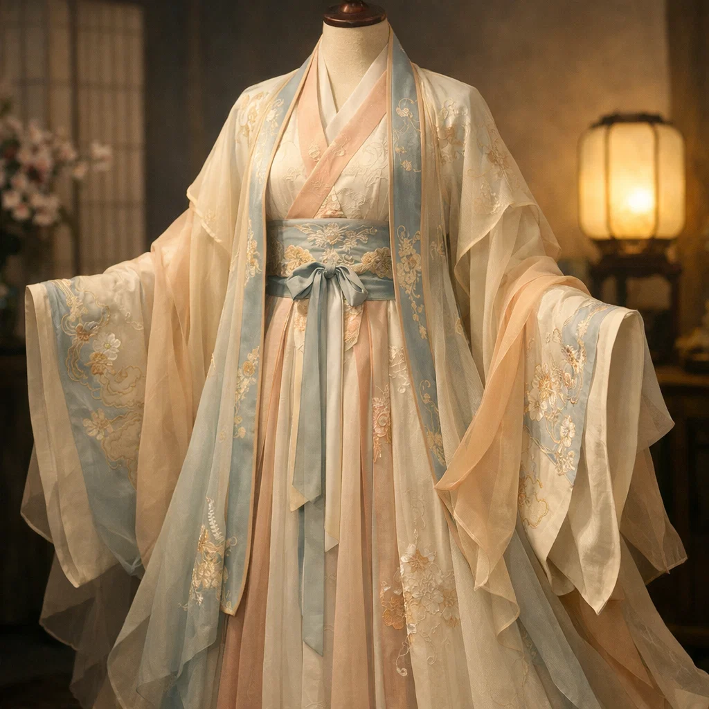 Traditional Chinese Hanfu outfit displayed on a mannequin