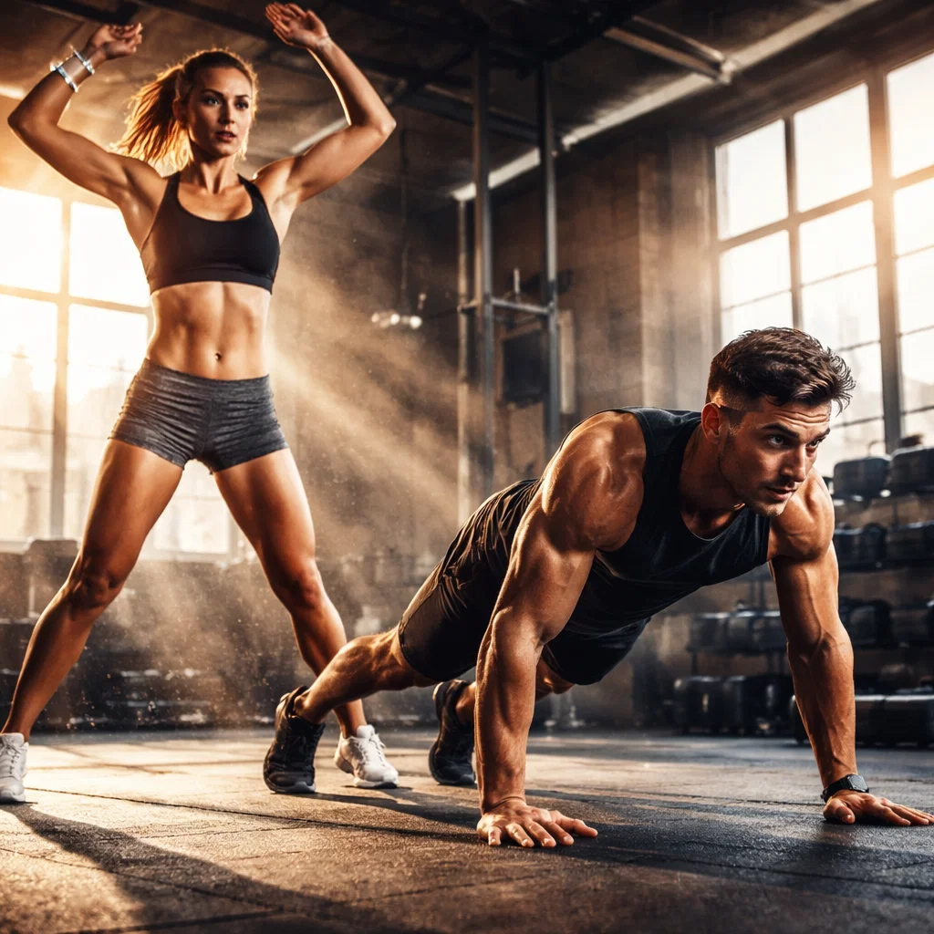 Motivational fitness scene, athletic man and woman doing