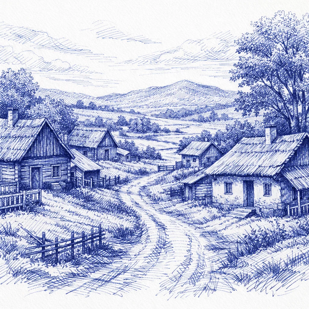 Detailed blue ballpoint pen drawing on white paper of a