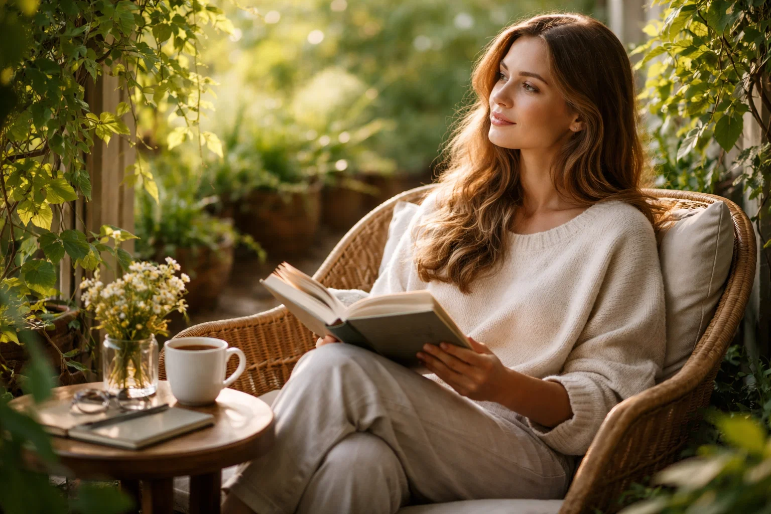 A woman sitting in a serene and cozy place reading a book