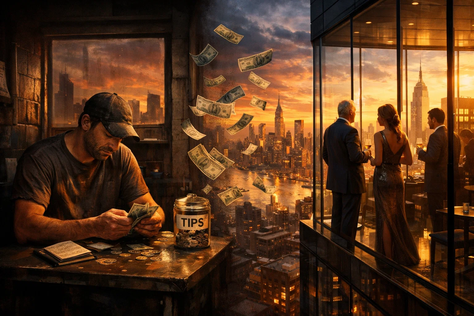 A symbolic financial scene set in America: a divided city